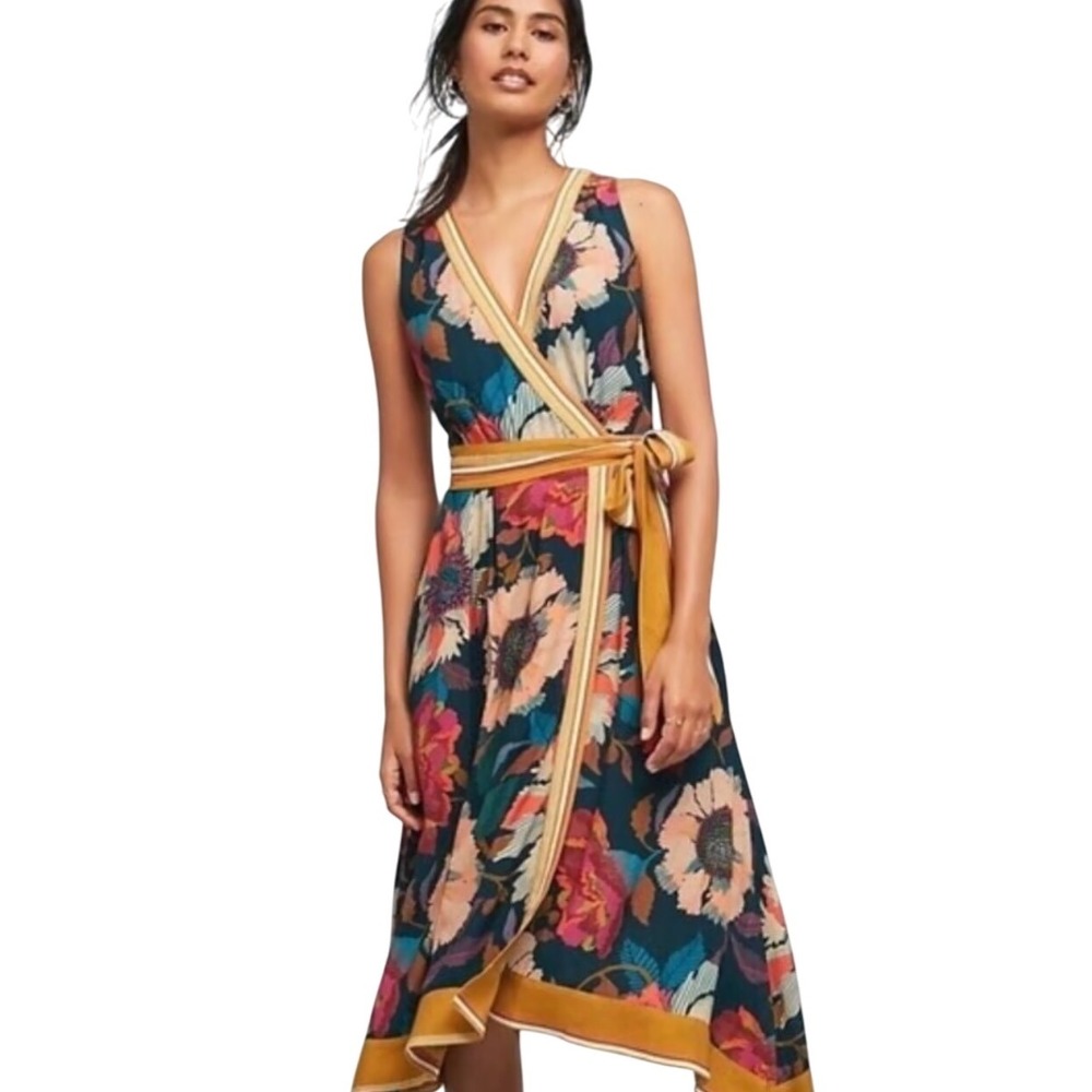 Anthropologie Maeve Botanical Faux Wrap Midi Dress Black Floral US Size 10